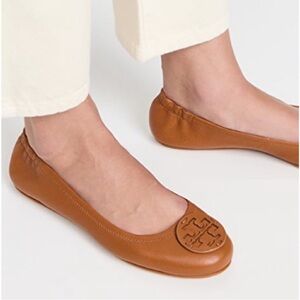 Tory Burch Reva Tumbled Leather Royal Tan Ballet Flats Size 6.5 Women’s Shoes